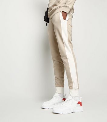 Stone Colour Block Piped Joggers | New Look