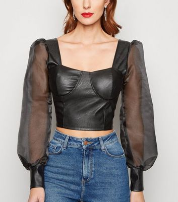 Cameo Rose Black Leather Look Organza Sleeve Top New Look