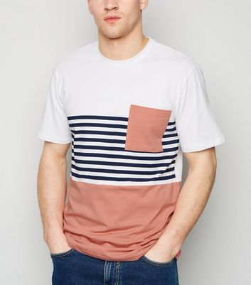 Image of Only & Sons Mid Pink Stripe Colour Block T-Shirt New Look