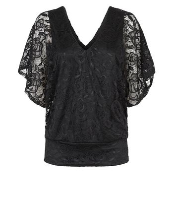 Image of Black Lace V Neck Batwing Sleeve Top New Look