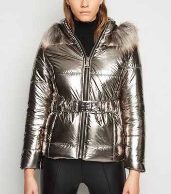 metallic rose print puffer jacket