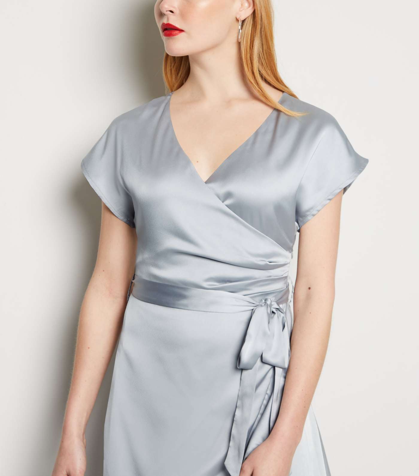 Pale Grey Satin Ruffle Trim Belted Midi Dress Image 3