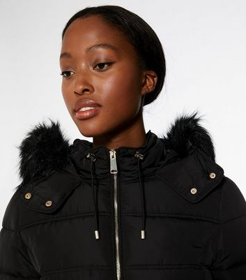 Tall Black Faux Fur Belted Puffer 