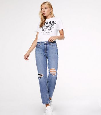 Petite Blue Ripped Boyfriend Jeans | New Look