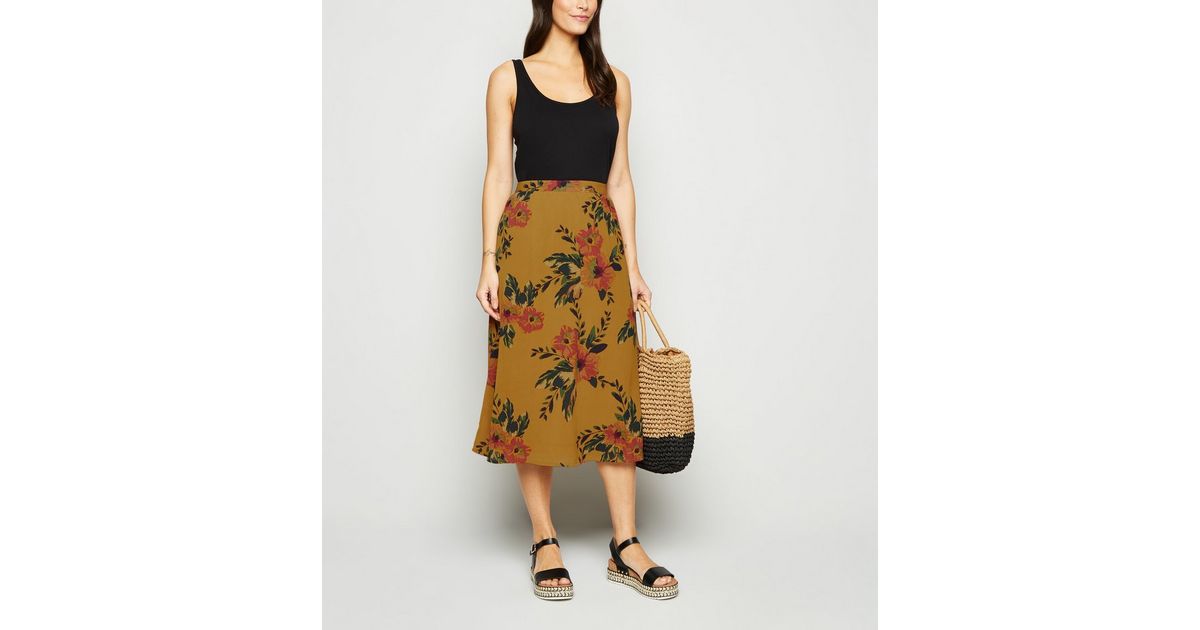 JDY Yellow Floral Chiffon Midi Skirt | New Look
