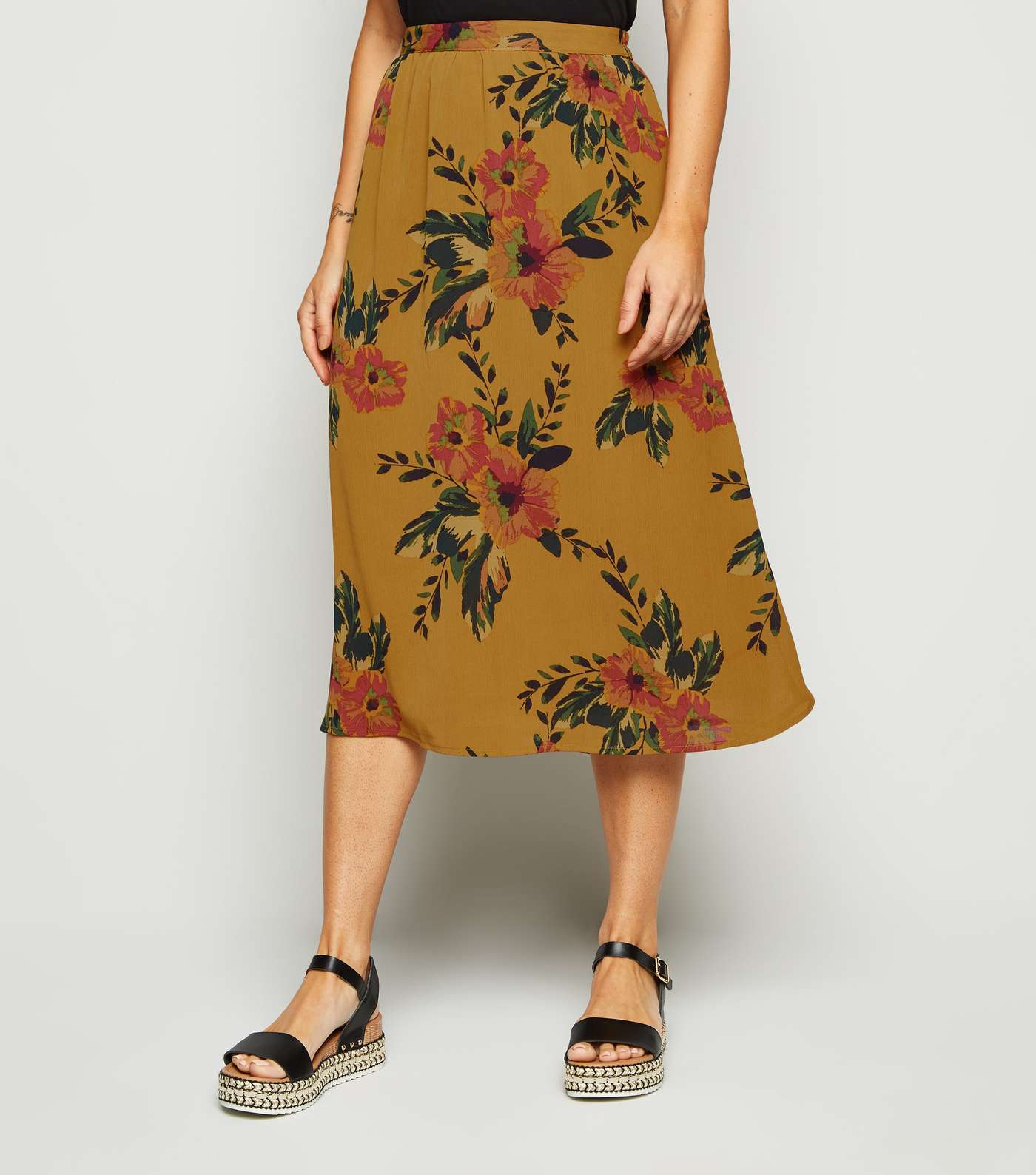JDY Yellow Floral Chiffon Midi Skirt Image 2