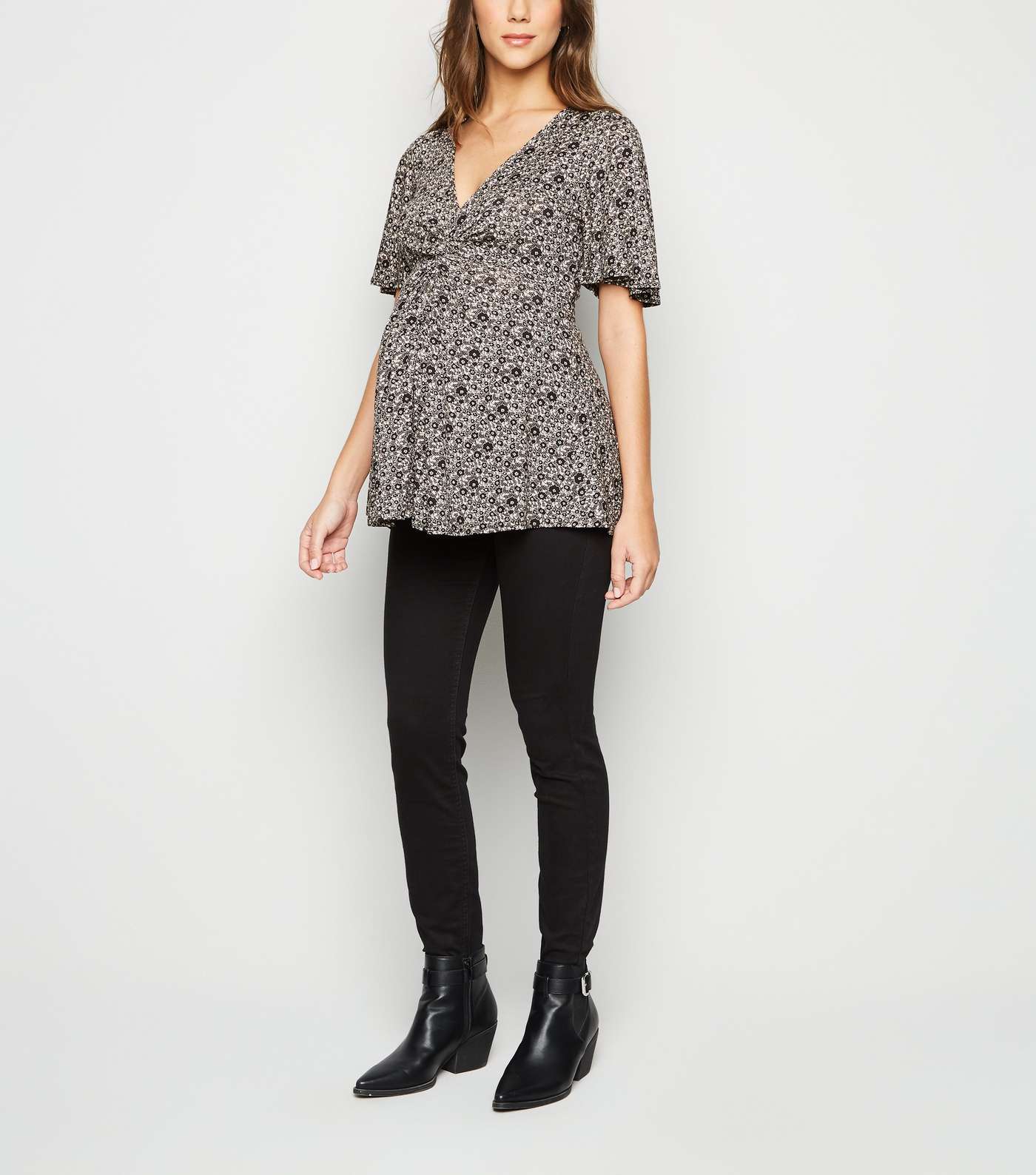 Maternity Black Ditsy Floral Twist Front Top Image 2