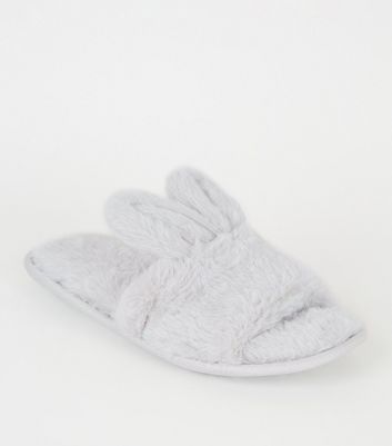 Grey Faux Fur Bunny Ear Slipper Sliders New Look