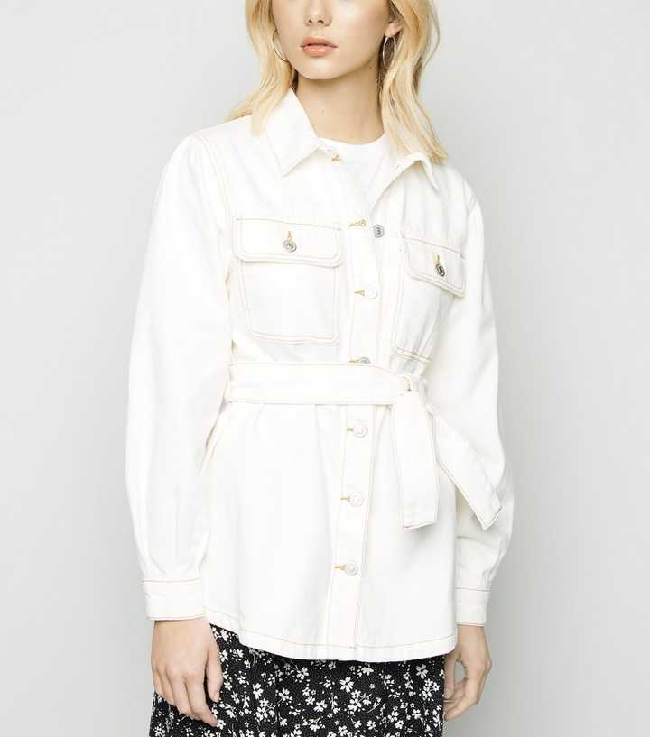 Off White Denim Belted Puff Sleeve Jacket 