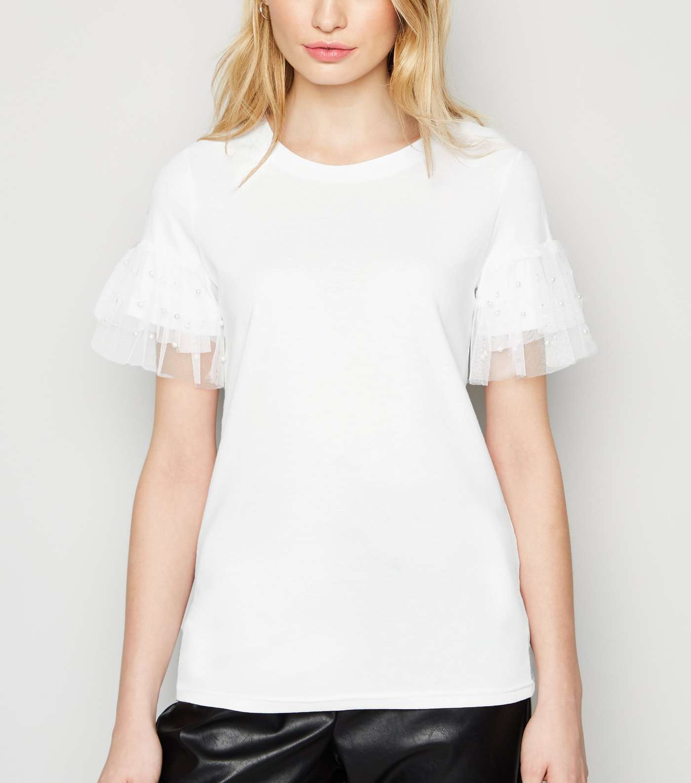 White Faux Pearl and Mesh Trim Top