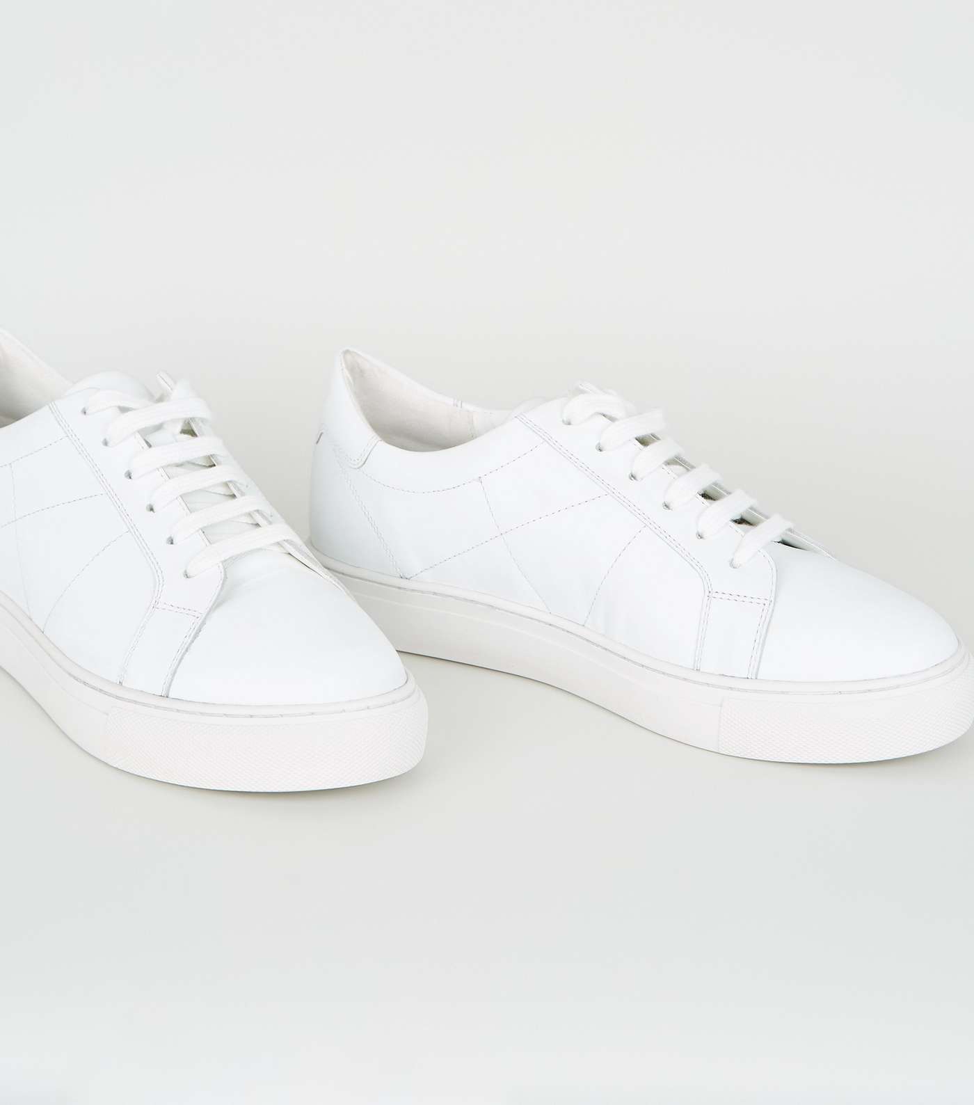White Leather Seam Detail Lace Up Trainers Image 3