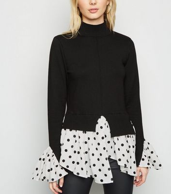 Pull noir 2 en 1 à ourlet à pois | New Look