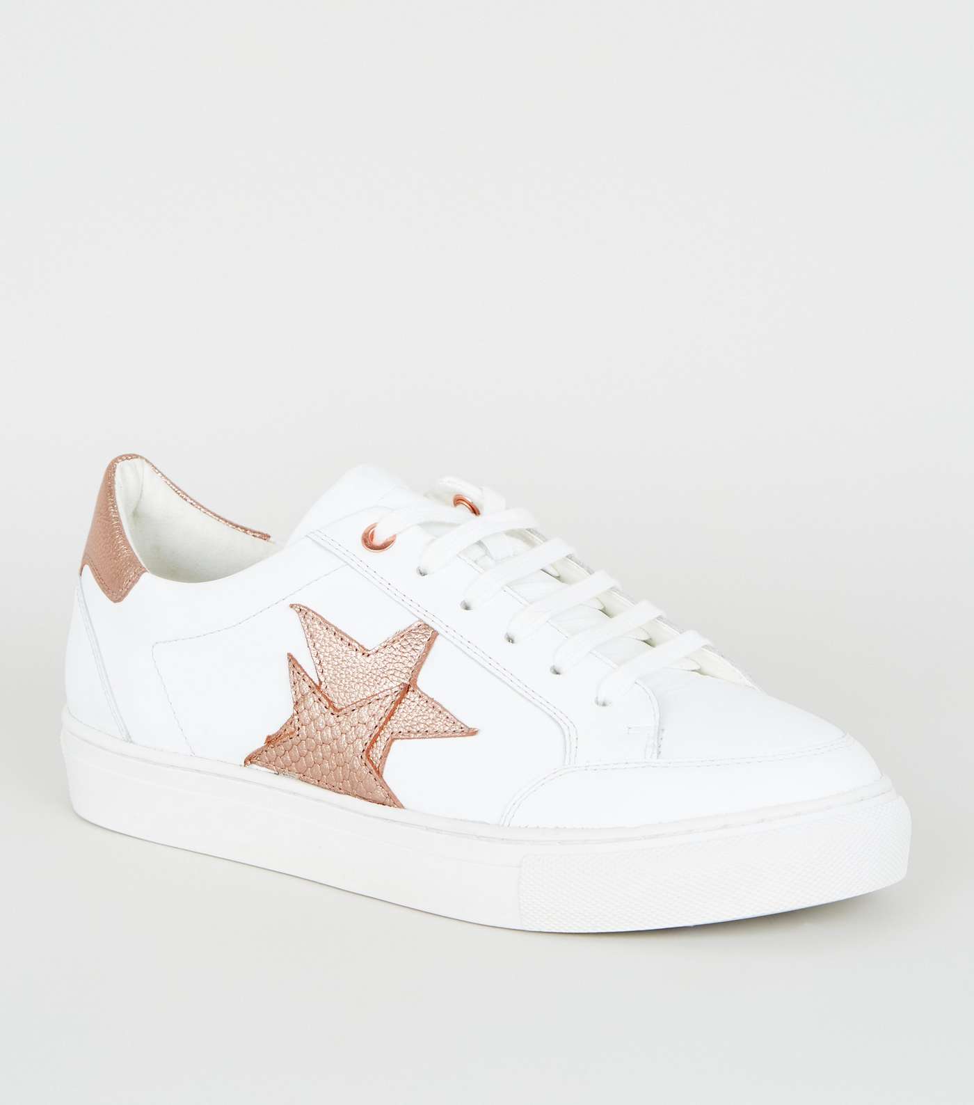 White Leather Metallic Star Side Lace Up Trainers