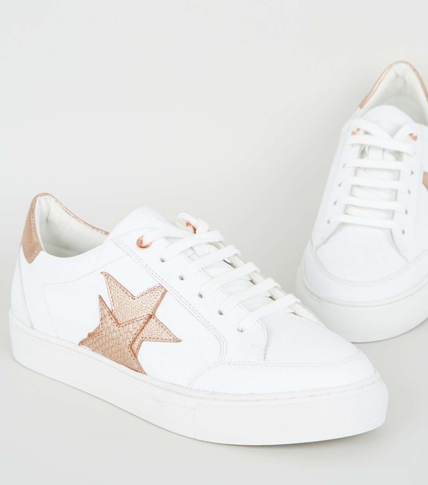 White Leather Metallic Star Side Lace Up Trainers Image 3
