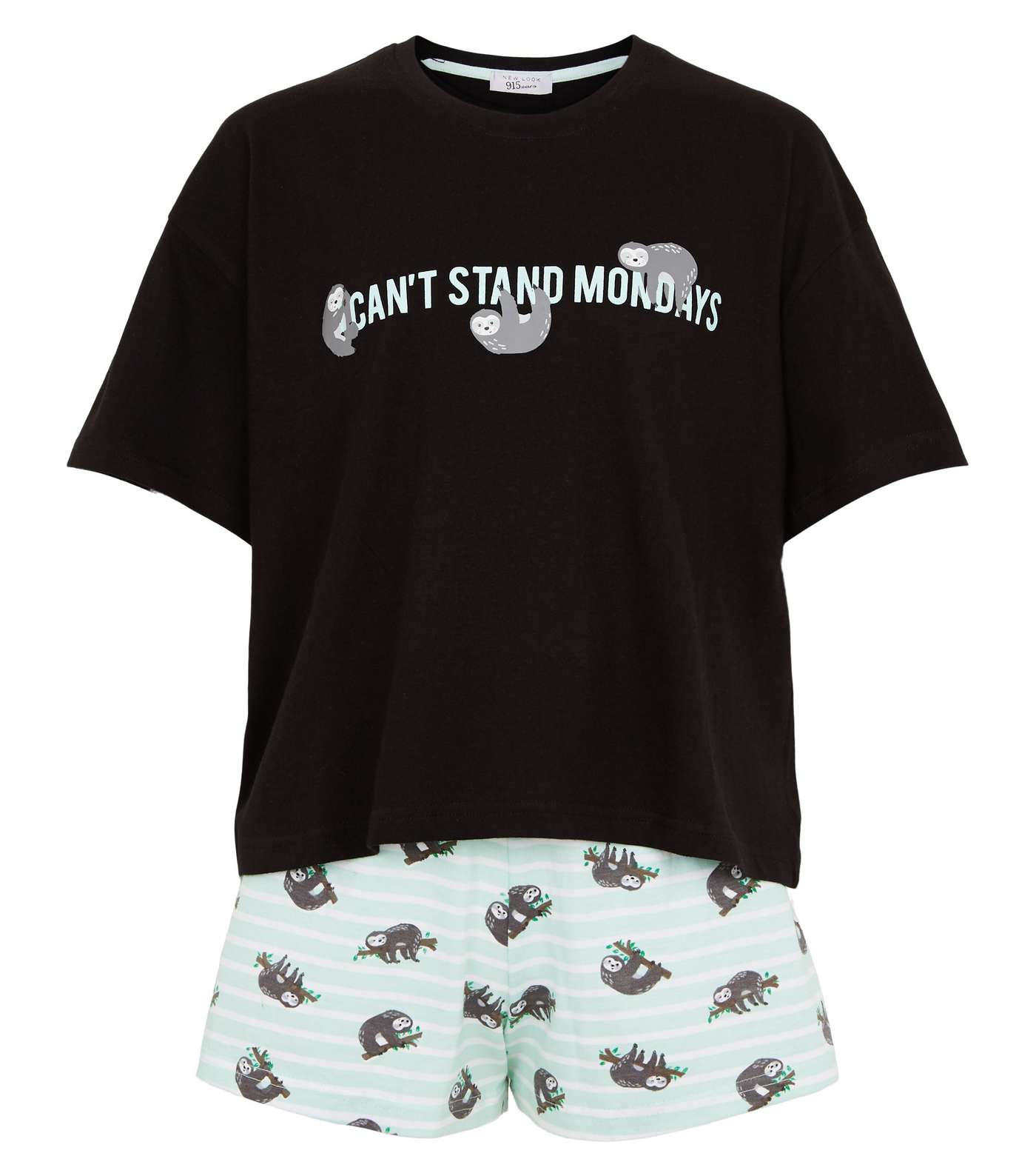 Girls Black Sloth Mondays Slogan Pyjama Set Image 4