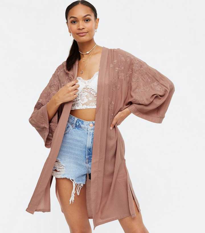 Pale Pink Floral Embroidered Kimono