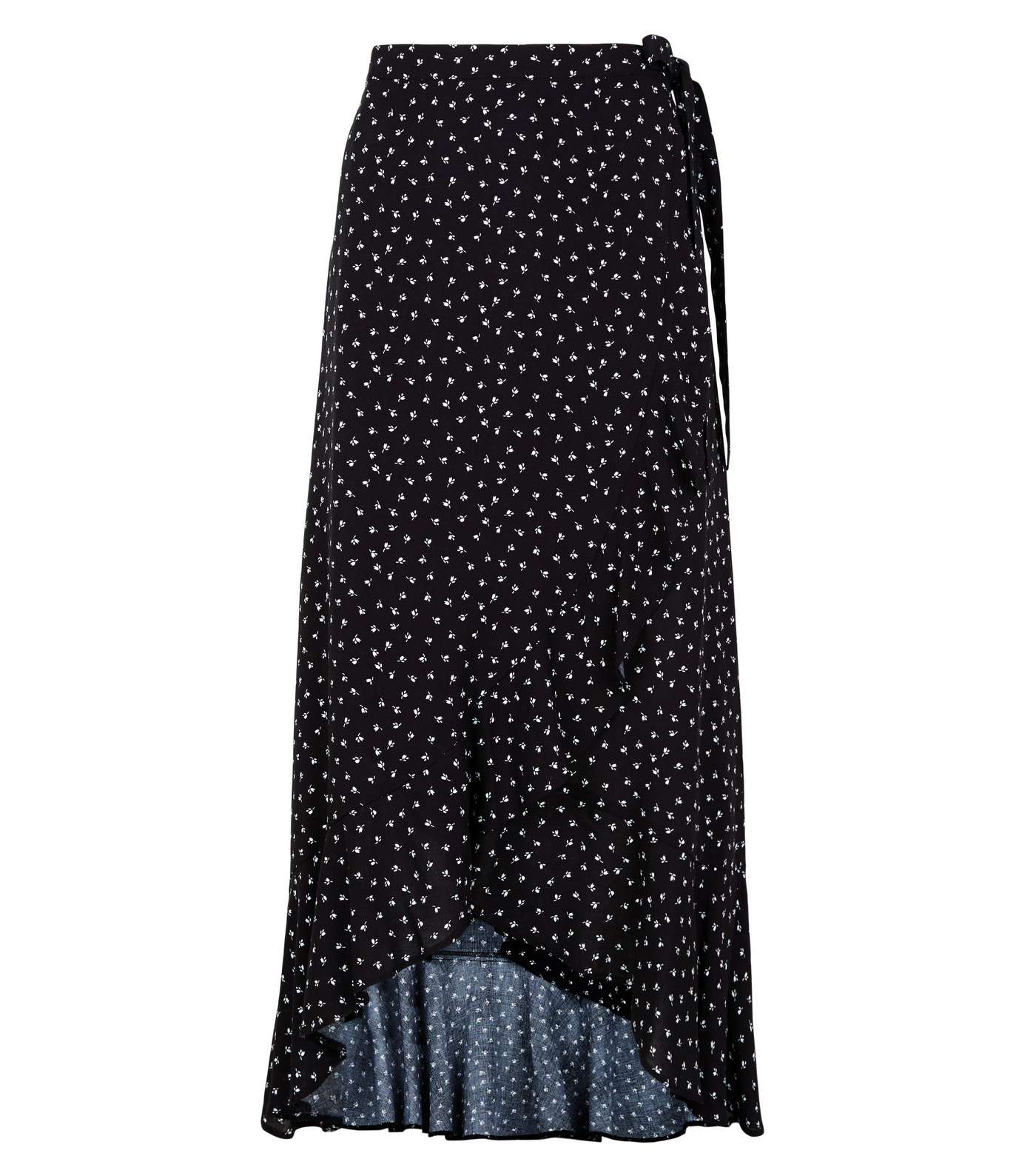 Black Ditsy Floral Ruffle Wrap Midi Skirt Image 4