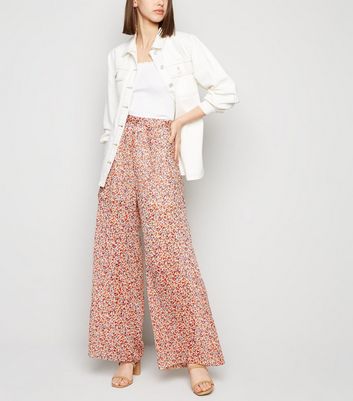 White Floral Chiffon Wide Leg Trousers 