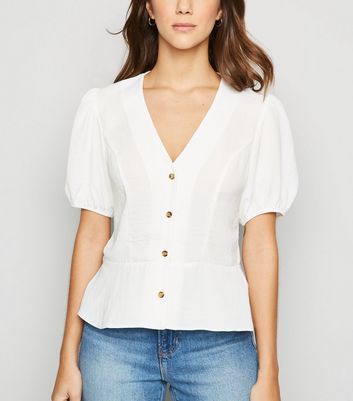 Off White Puff Sleeve Peplum Blouse 