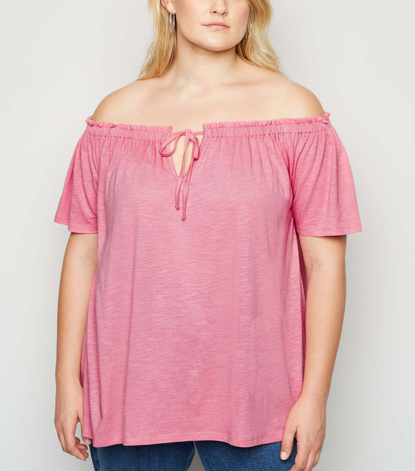 Curves Bright Pink Bardot Tie Front Top