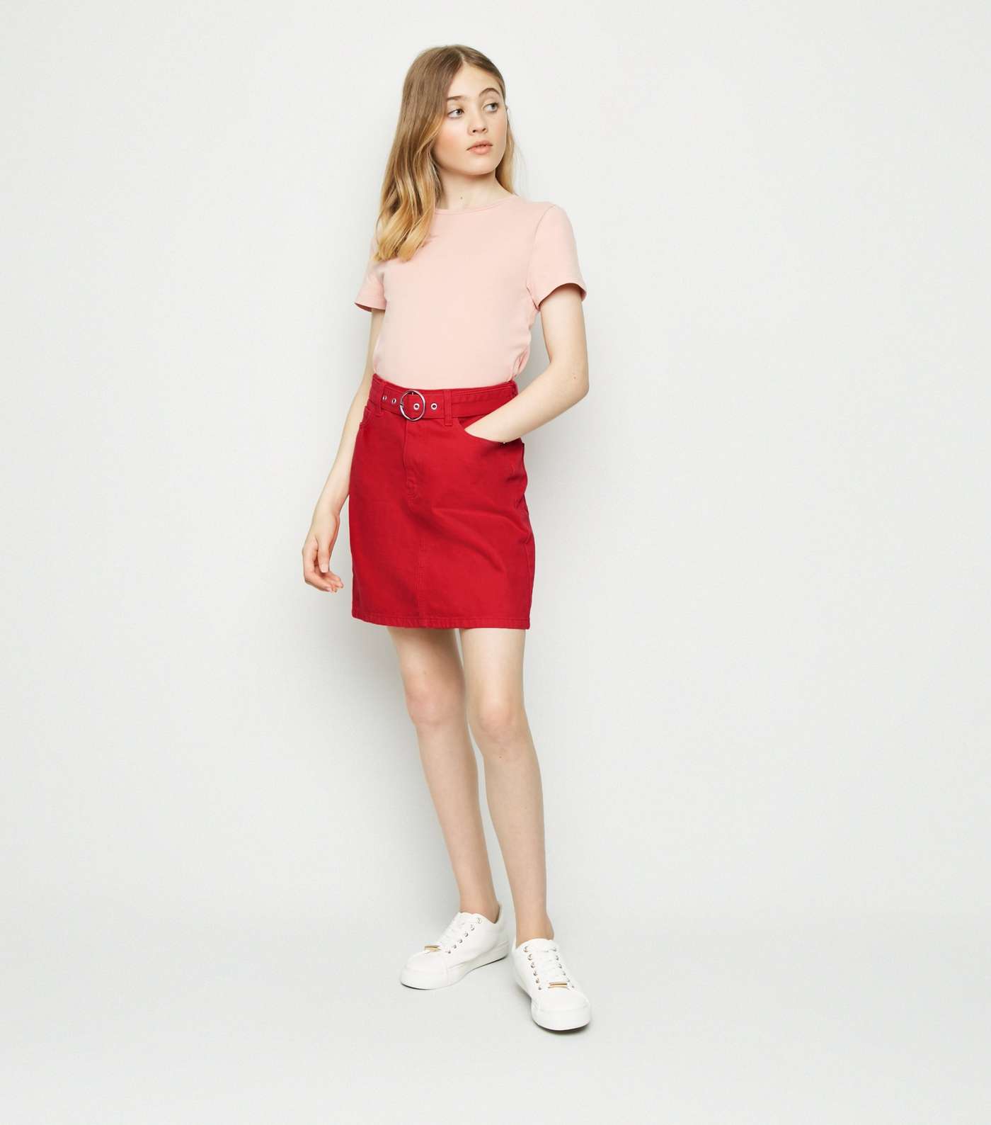Girls Red Belted Denim Skirt Image 2