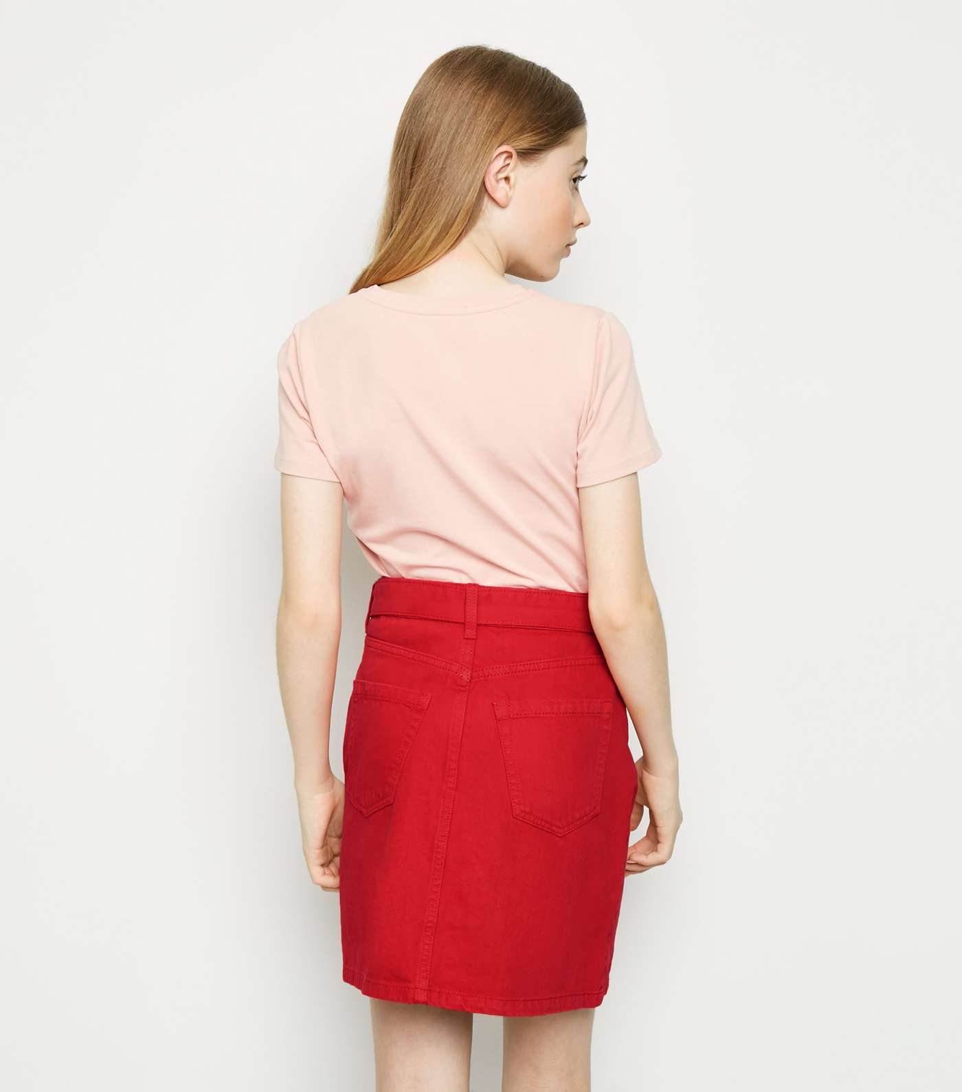 Girls Red Belted Denim Skirt Image 3