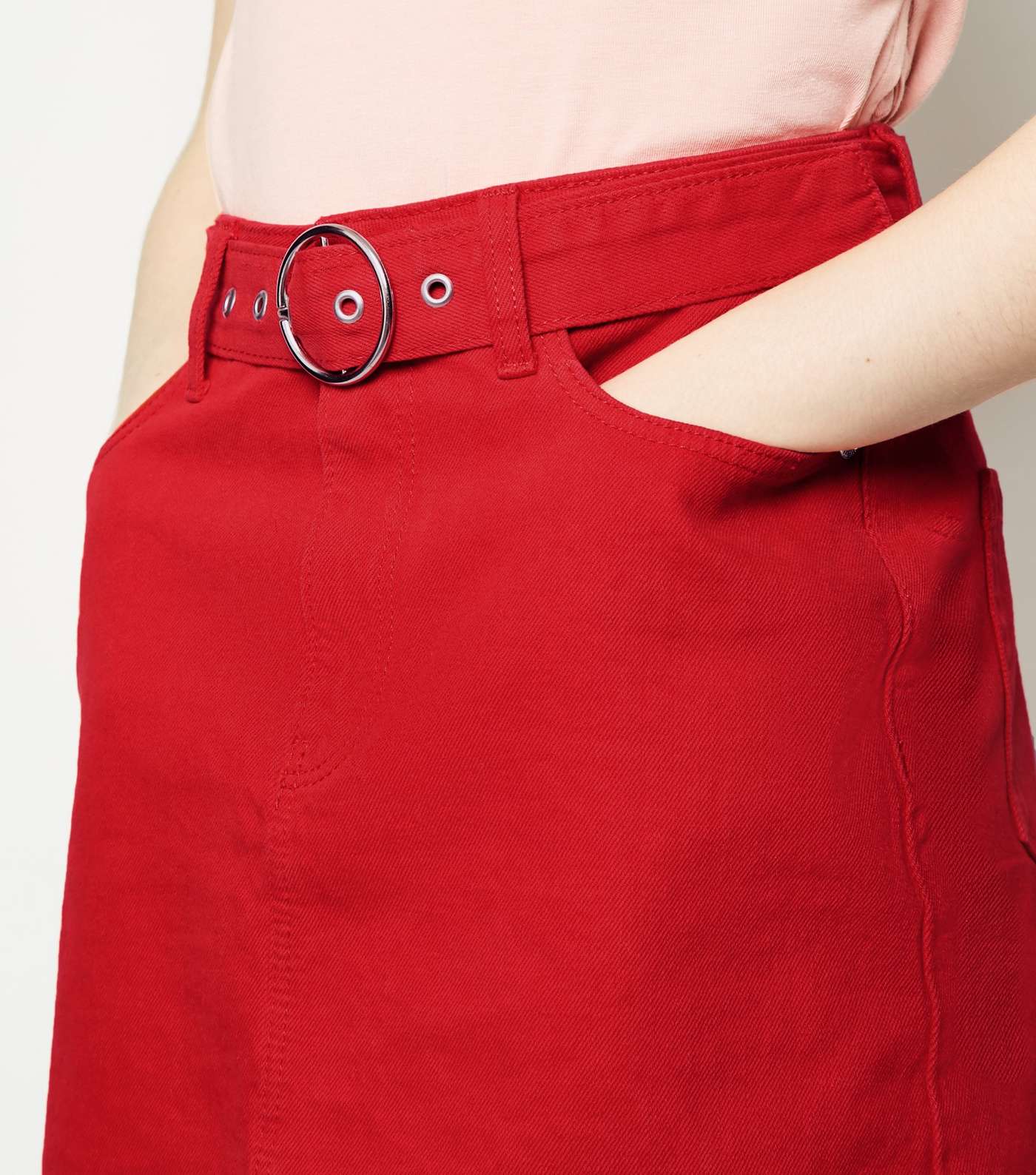 Girls Red Belted Denim Skirt Image 5