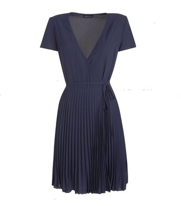 Image of Navy Pleated Wrap Mini Dress New Look