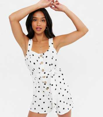Petite White Spot Button Belted Playsuit