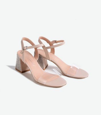 Image of Cream Clear Strap Diamanté Flared Heel Sandals New Look Vegan