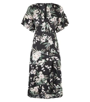 Image of AX Paris Black Satin Tropical Floral Midi Dress New Look