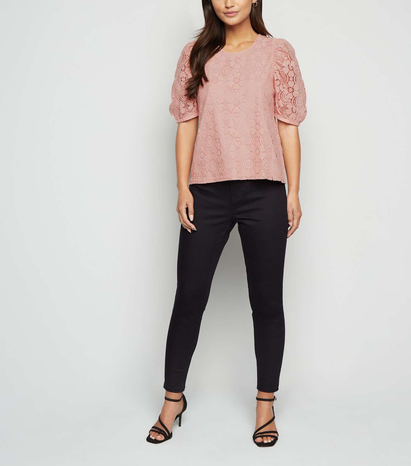 Petite Mid Pink Lace Puff Sleeve T-Shirt Image 2