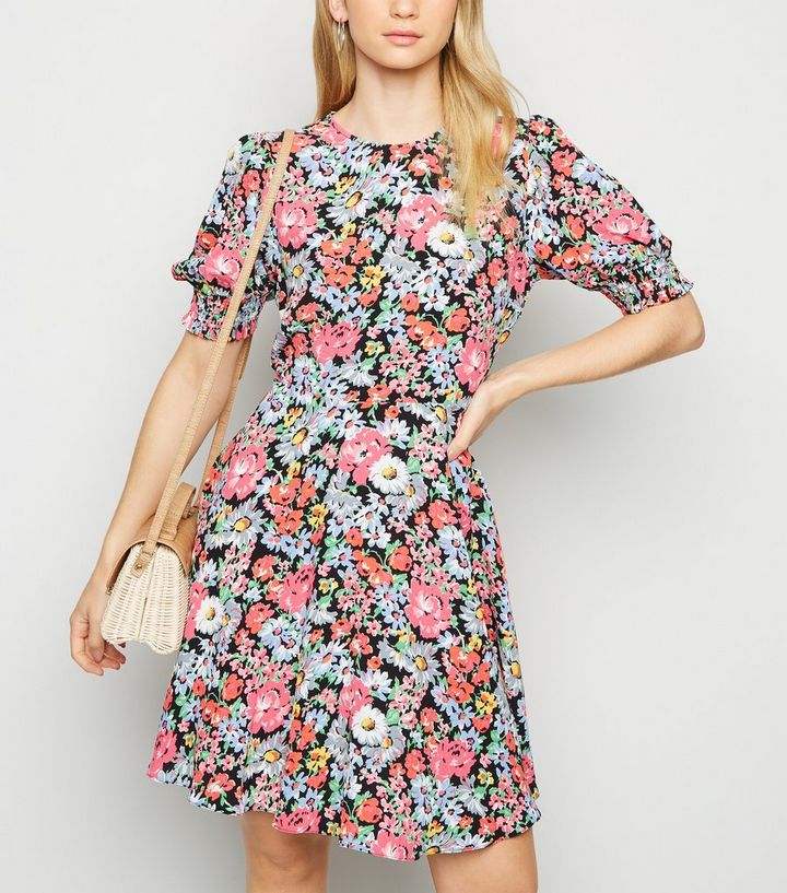 Black Floral Puff Sleeve Mini Dress New Look