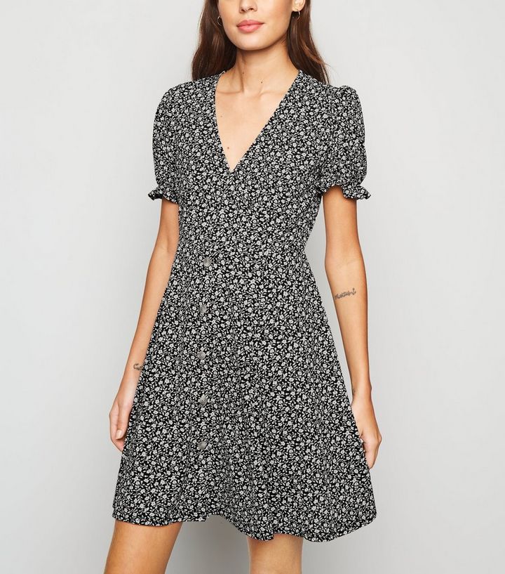 Black Ditsy Floral Puff Sleeve Tea Dress New Look