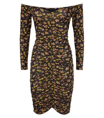 Image of Carpe Diem Black Floral Ruched Bardot Dress New Look