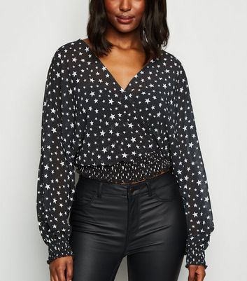 Image of Carpe Diem Black Star Chiffon Wrap Top New Look