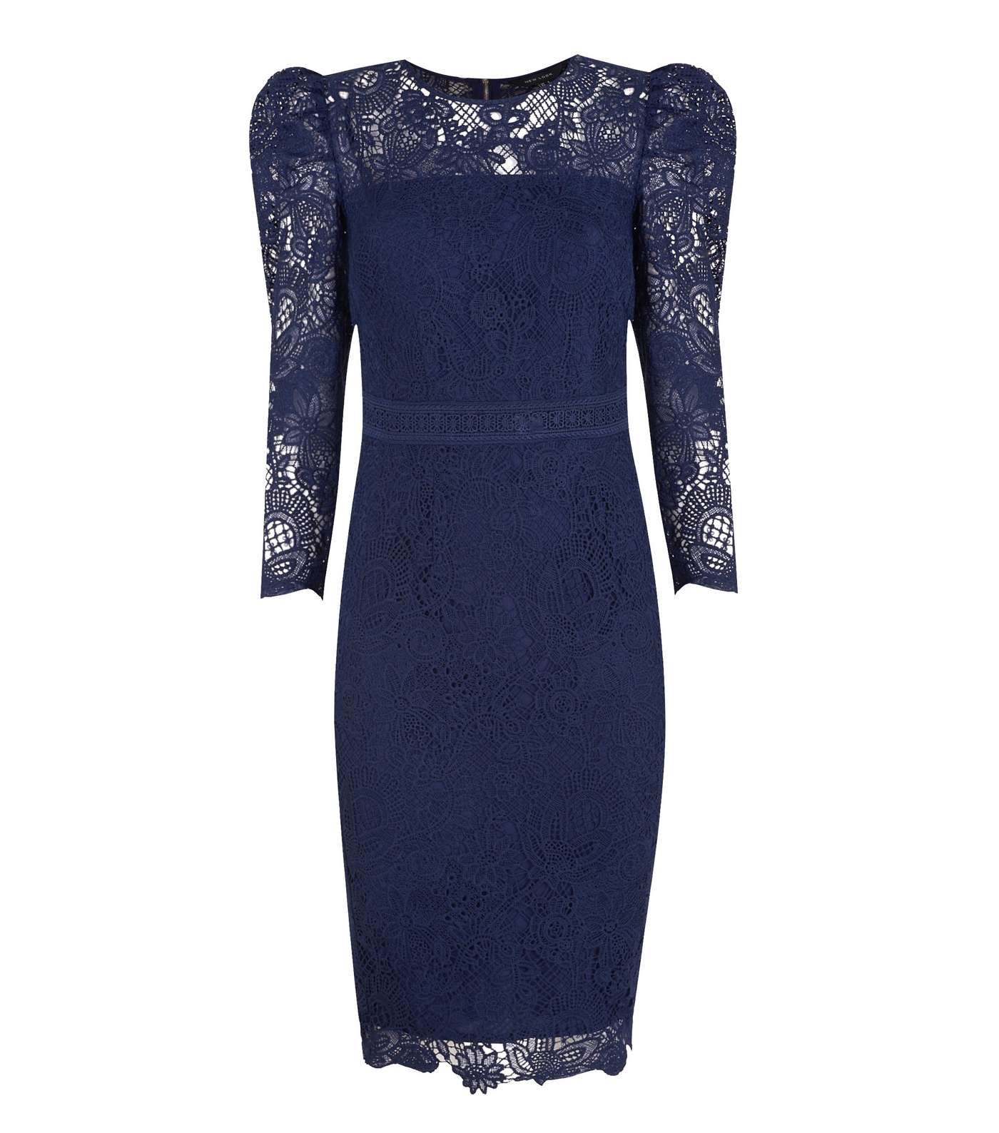 Navy Lace Puff Sleeve Bodycon Dress