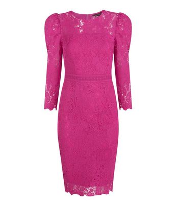 Bright Pink Lace Puff Sleeve Bodycon Dress | New Look