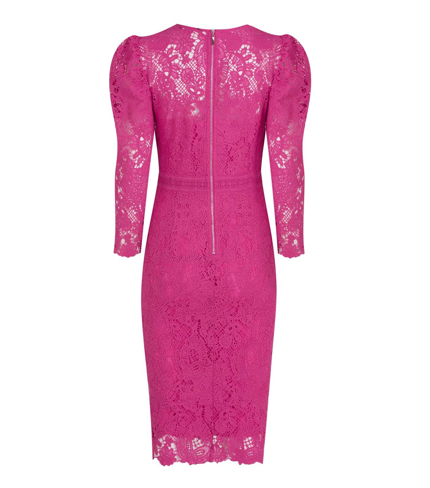 Bright Pink Lace Puff Sleeve Bodycon Dress Image 2
