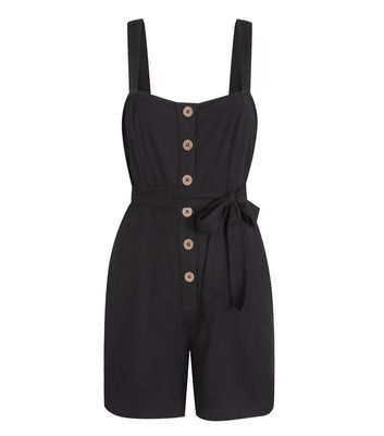 Black Button Front Tie Playsuit New Look