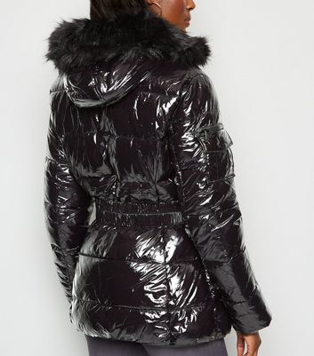 womens black patent puffer jacket