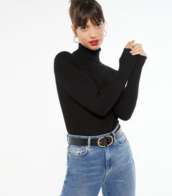 Black Ribbed Knit Roll Neck Jumper New Look