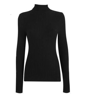 Black Ribbed Knit Roll Neck Jumper 