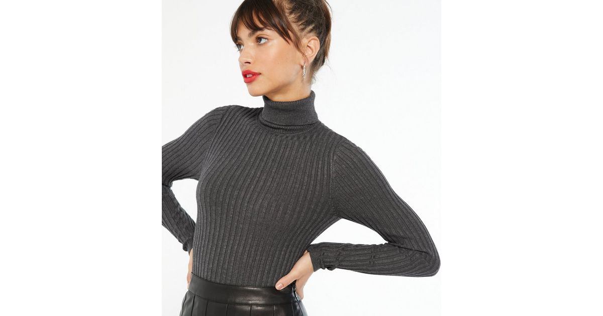 Dark Grey Ribbed Knit Roll Neck Jumper New Look