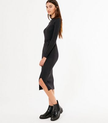 black knit midi dress long sleeve