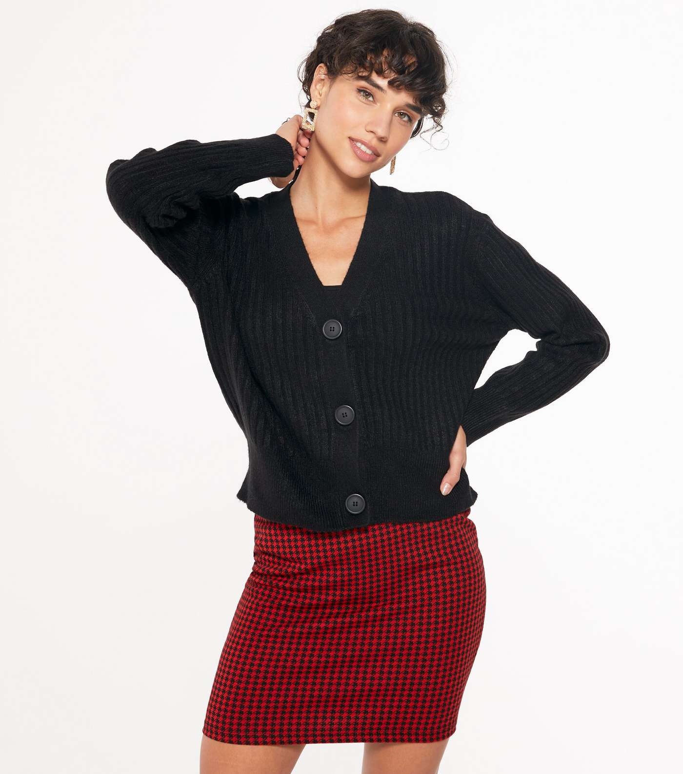 Black Ribbed Knit Button Up Cardigan