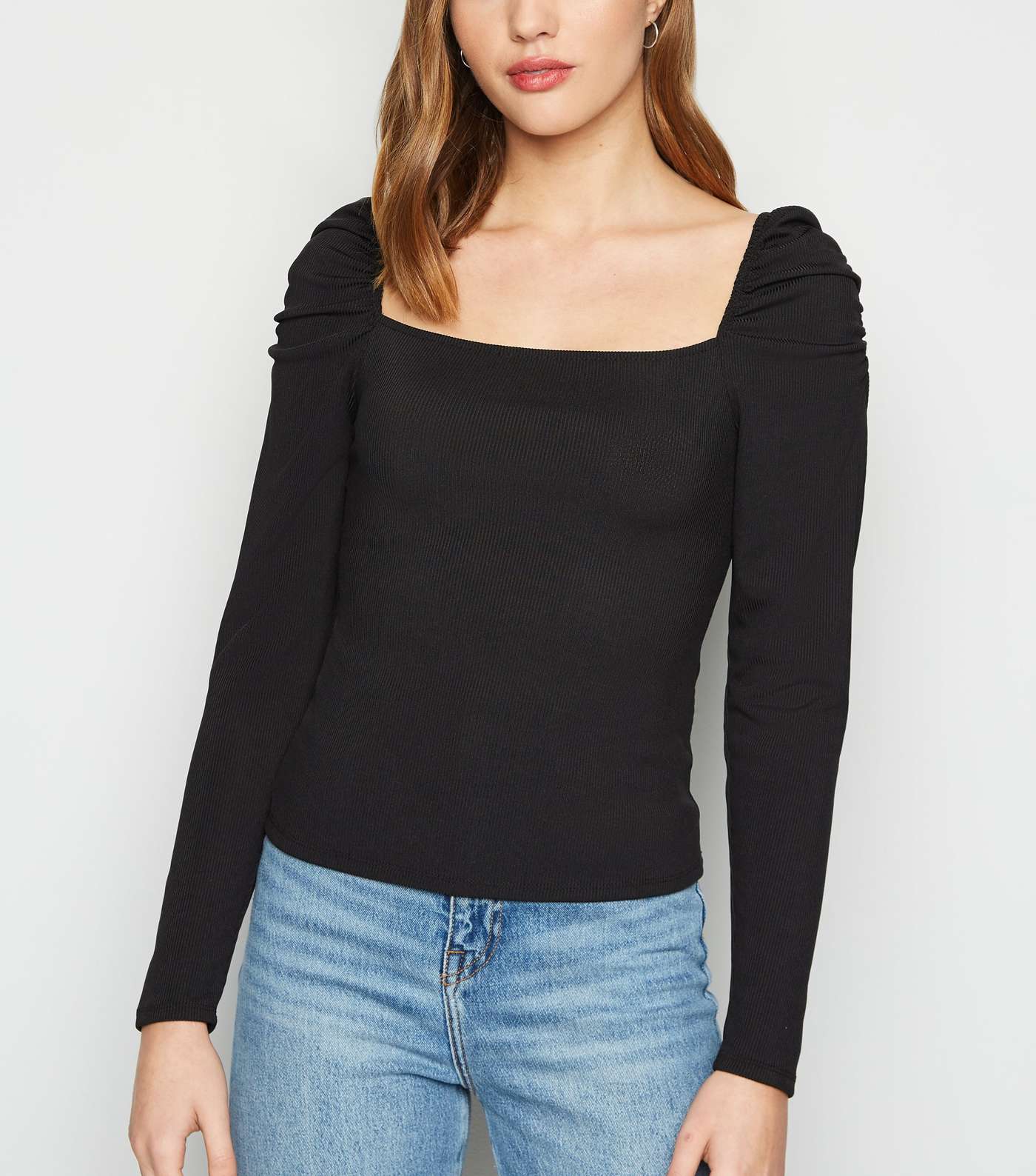 Black Ribbed Square Neck Puff Sleeve Top