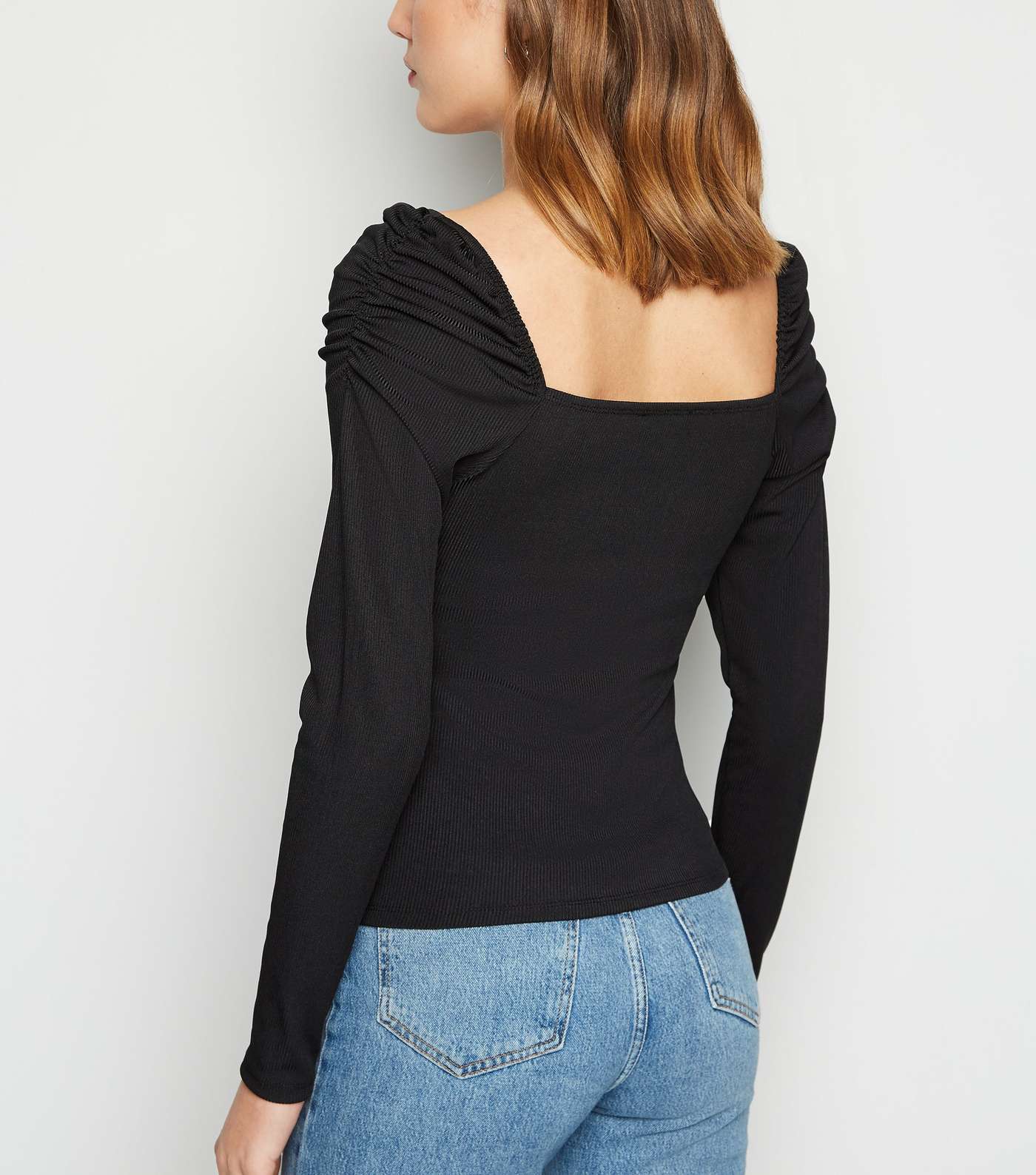 Black Ribbed Square Neck Puff Sleeve Top Image 3