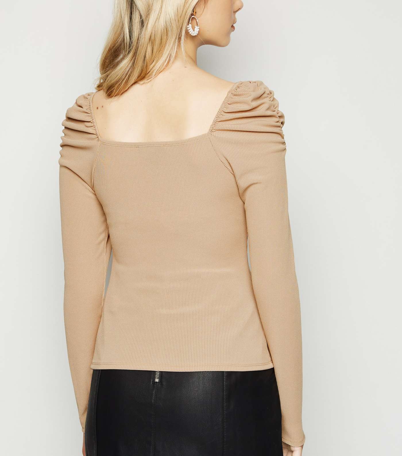 Camel Ribbed Square Neck Puff Sleeve Top Image 3