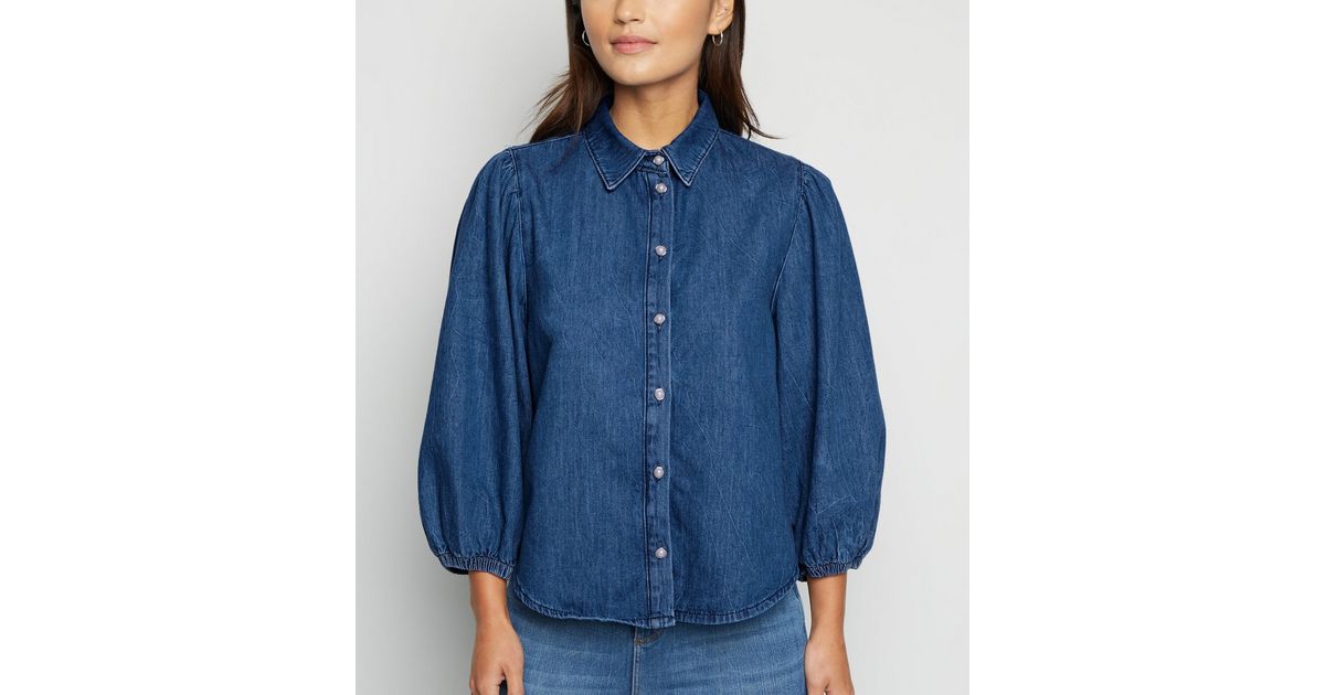 Petite Blue Puff Sleeve Denim Shirt | New Look